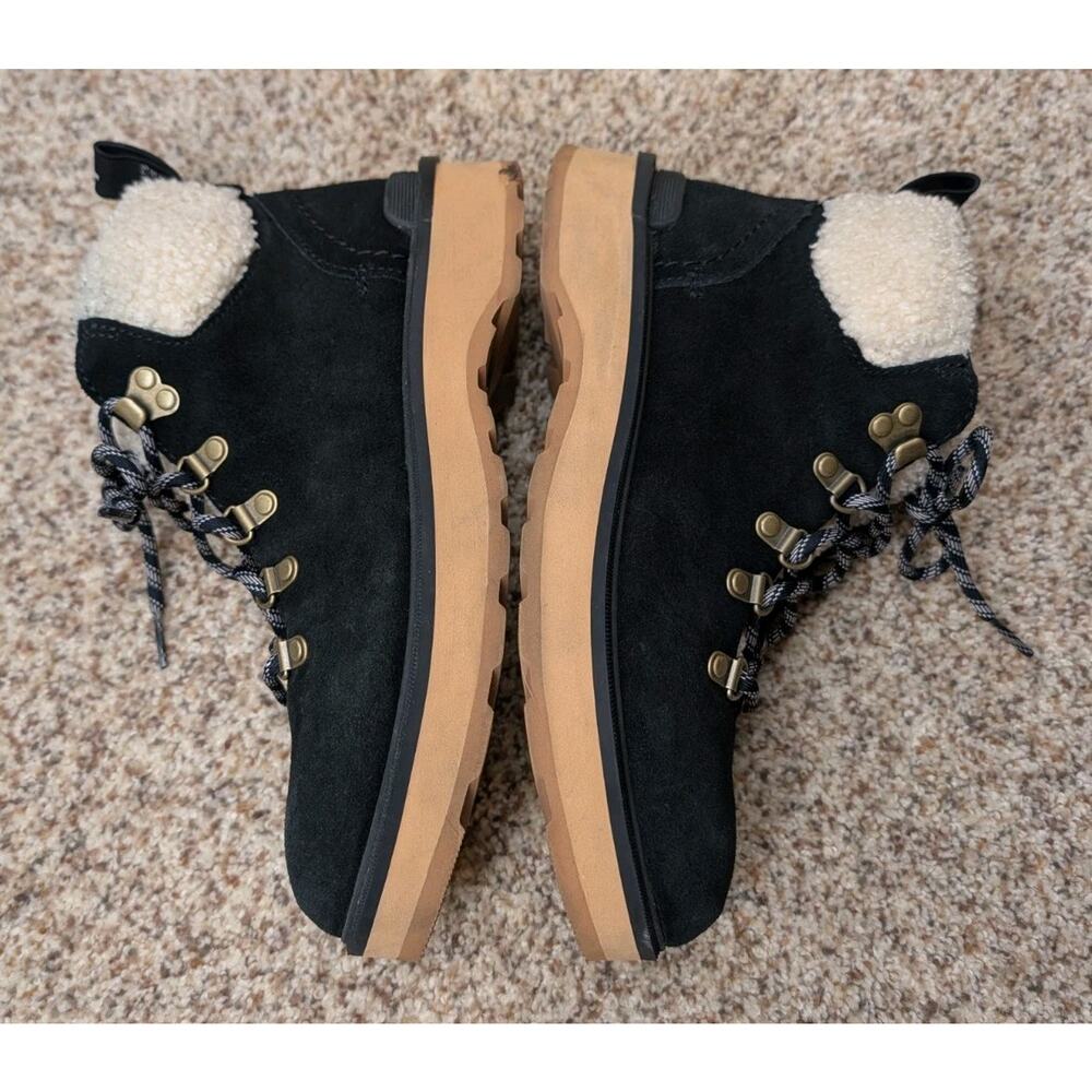Sorel Boots Hi Line Hiker Womens Size 8.5 Black Tan Fleece Lined Ankle Shoes - Picture 5 of 8